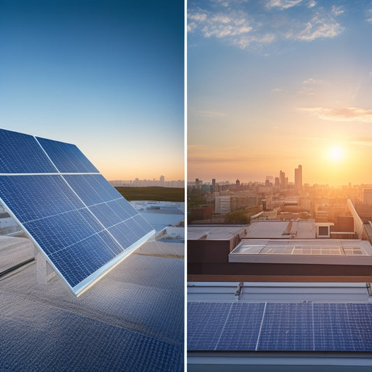 A split-screen image featuring a rooftop with solar panels on one side and a cityscape with a rising cost graph silhouette on the other, with bright sunlight and subtle grid patterns.