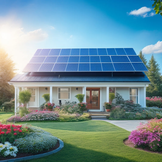 A serene suburban home with a mix of solar panels in various sizes and angles on the roof, surrounded by blooming flowers and a bright blue sky with a few white, puffy clouds.