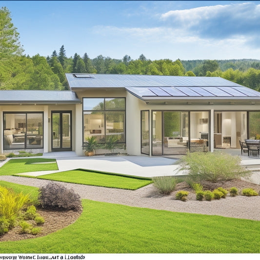 A sunlit, modern home with large south-facing windows, overhanging eaves, thermal mass walls, and lush landscaping, showcasing passive solar design elements like skylights, shaded patios, and solar panels on a sloping roof.