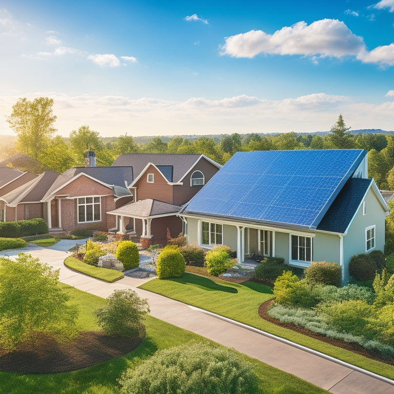 A serene suburban neighborhood with a mix of modern and traditional homes, each featuring sleek solar panels installed on rooftops, amidst lush greenery and a bright blue sky with a few wispy clouds.