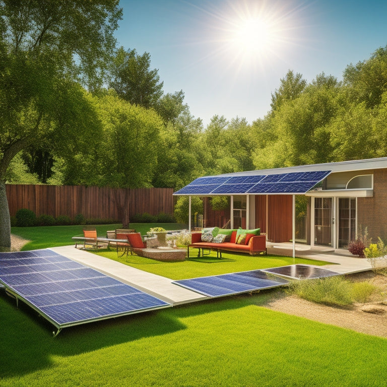 A sunny backyard with five distinct solar panel arrays, each with a different number of panels, installation style, and mounting system, surrounded by lush greenery and a subtle grid pattern in the background.