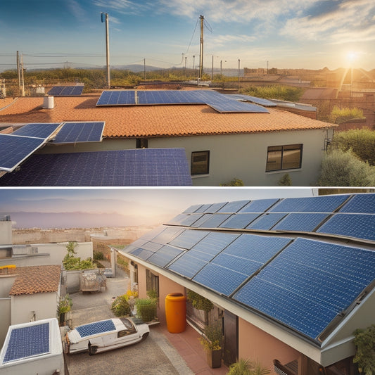 A split-screen image with a cluttered rooftop on the left, tangled with solar panels, cables, and broken tiles, and a tidy, organized rooftop on the right, with sleek panels and minimal wiring.