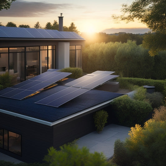 A serene residential rooftop with 10 numbered, sleek, black solar panels installed, surrounded by lush greenery, with a subtle sunbeam shining down, casting a warm glow on the entire scene.