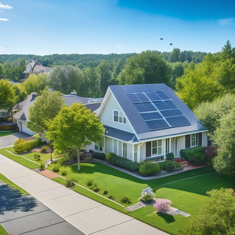 A serene suburban neighborhood with a few houses, one with a prominent solar panel roof, against a bright blue sky with fluffy white clouds and a few birds flying overhead, surrounded by lush green trees.