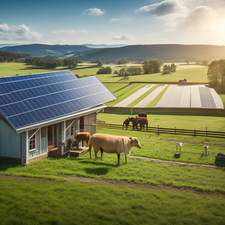 A picturesque rural landscape featuring a modern solar power system on a farmhouse roof, surrounded by lush green fields, a clear blue sky, and a few grazing animals, showcasing sustainability in harmony with nature.