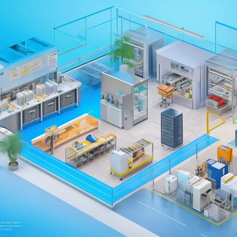 A detailed illustration of a commercial building's interior, showcasing various installed systems and equipment, including HVAC units, electrical panels, plumbing fixtures, and security cameras, in a bright and organized space.