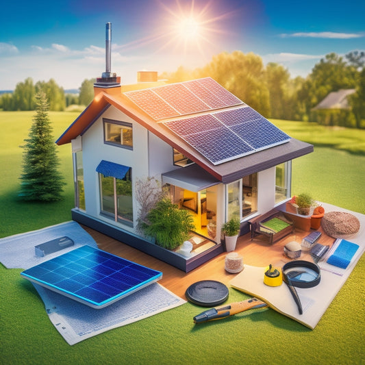 An illustration depicting a modern solar-powered house with a magnifying glass hovering above it, highlighting various components such as panels, inverters, and mounting systems, surrounded by icons of a wallet, ruler, and clock.