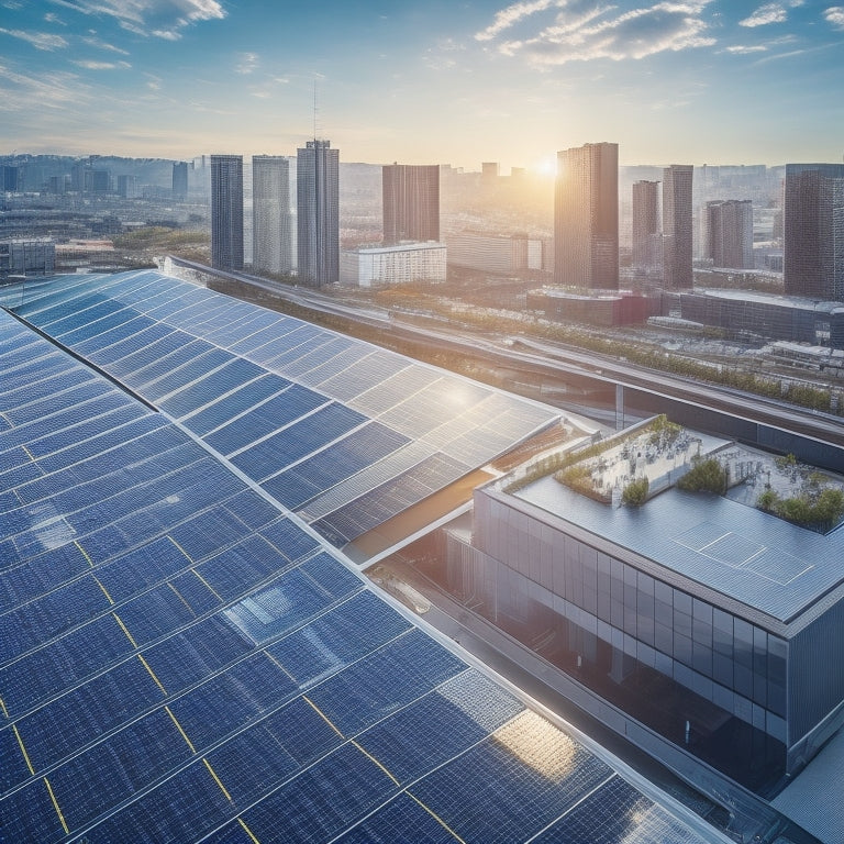 A sleek, modern office building with a large rooftop lined with rows of shiny, black solar panels, surrounded by a bustling cityscape with skyscrapers and busy streets.