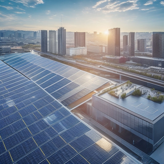 A sleek, modern office building with a large rooftop lined with rows of shiny, black solar panels, surrounded by a bustling cityscape with skyscrapers and busy streets.