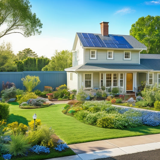 A serene backyard scene with a modest, earth-toned house, a few solar panels installed on the roof, and a small, lush garden surrounded by a white picket fence, under a bright blue sky.