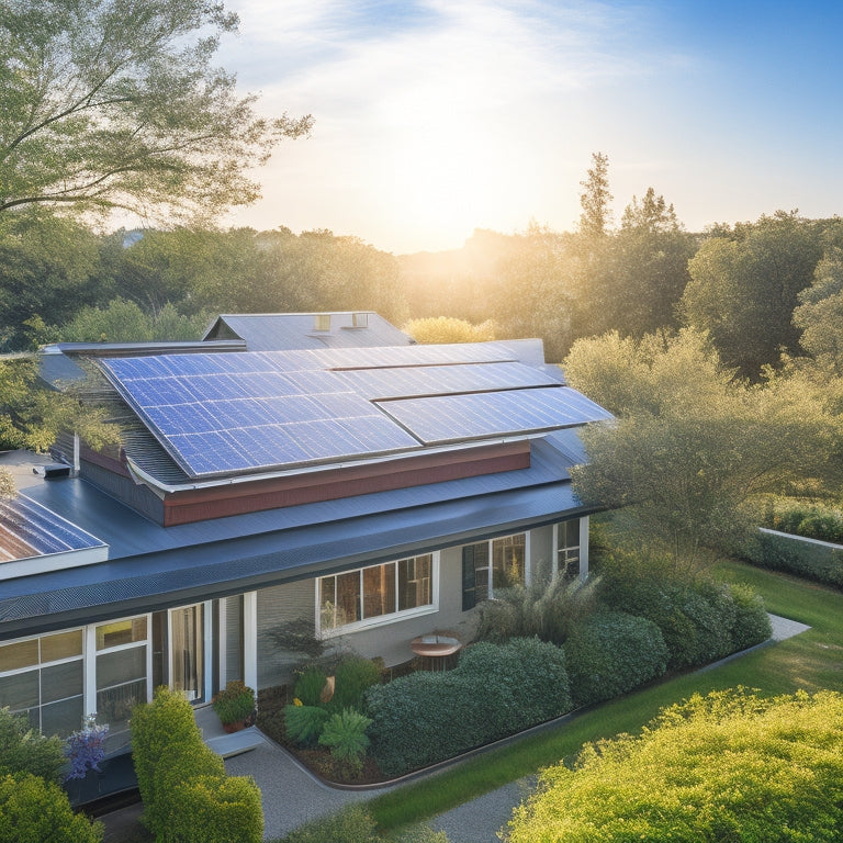 A sunlit rooftop adorned with sleek solar panels, surrounded by lush greenery, showcasing an idyllic suburban home with a vibrant blue sky, emphasizing sustainability and energy efficiency in a serene, inviting landscape.