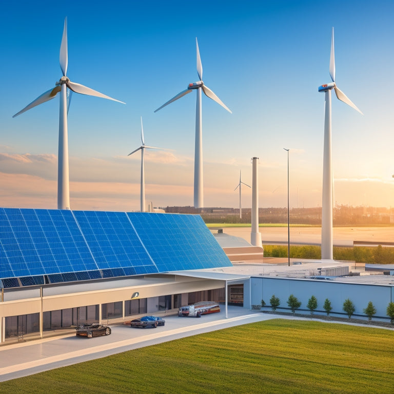 An illustration of a large, modern factory with solar panels on the roof, wind turbines in the background, and a graph in the foreground showing a declining energy cost curve.