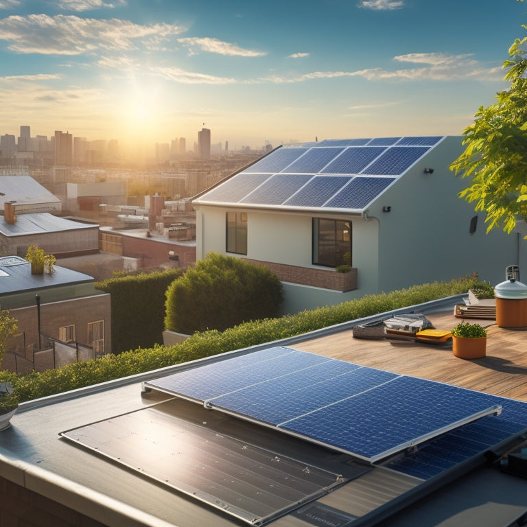 An illustration of a residential rooftop with solar panels, a clipboard with a calculator and pencil, and a subtle cityscape in the background, conveying a sense of modern sustainability and financial planning.