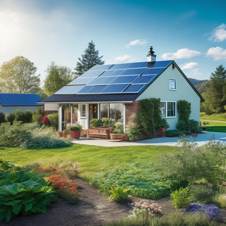 A cozy home surrounded by solar panels, a wind turbine in the yard, a thriving vegetable garden, and a rainwater collection system, all under a clear blue sky, symbolizing self-sufficiency and sustainability.