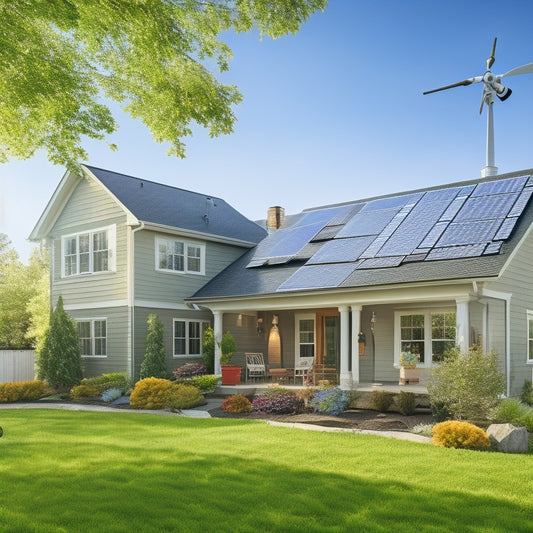 A cozy suburban home with solar panels on the roof, a small wind turbine in the yard, and vibrant greenery surrounding it, showcasing a sunny day with a clear blue sky and energy-efficient appliances visible through the windows.