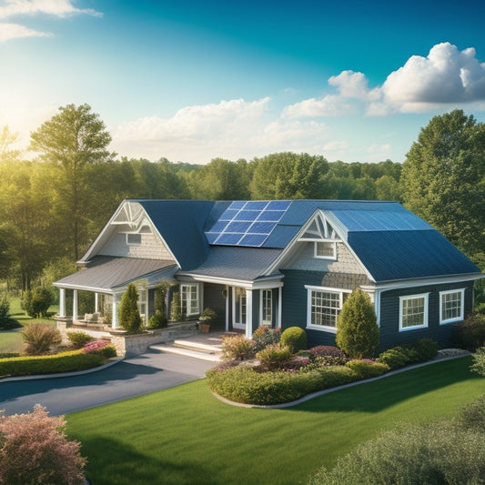 A serene suburban landscape with a roof featuring a mix of shiny black solar panels and traditional asphalt shingles, surrounded by lush green trees and a bright blue sky with a few wispy clouds.