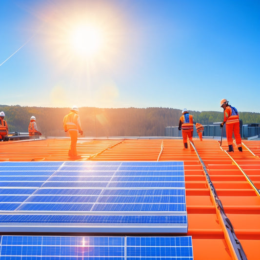 A serene, sunny day with a large, modern commercial building in the background, featuring a row of spotless solar panels on the rooftop, with a few workers in bright orange vests and helmets, equipped with cleaning gear, carefully descending a ladder.