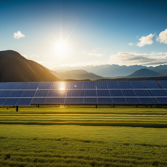 A high-tech solar farm with rows of sleek, gleaming solar panels under a bright blue sky, sunlight reflecting off their surfaces, surrounded by lush green fields and distant mountains.