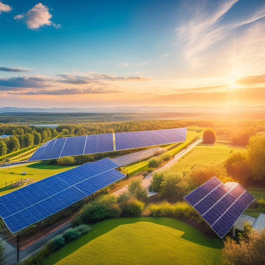 A vibrant landscape showcasing solar panels on rooftops, surrounded by lush greenery, with a bright sun shining overhead. Wind turbines spin gracefully in the distance, symbolizing harmony between nature and technology.