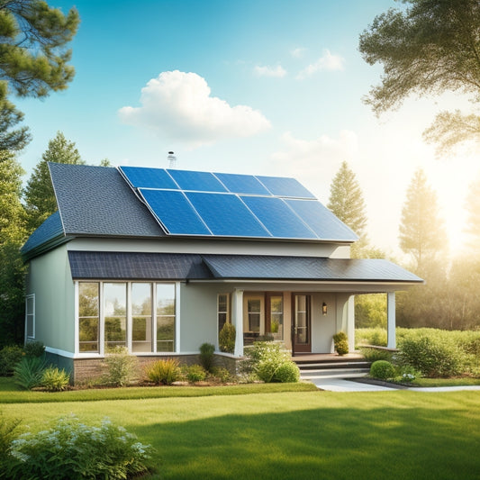 A serene suburban home with a sleek, modern solar panel array on its roof, surrounded by lush greenery, with a bright blue sky and a few wispy clouds, conveying efficiency and eco-friendliness.