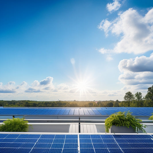 A bright blue sky with a few wispy clouds, a modern rooftop with sleek black solar panels at varying angles, surrounded by lush greenery and a subtle grid pattern in the background.