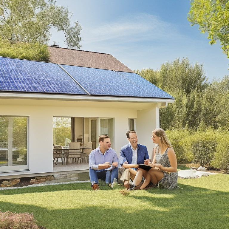 A bright, modern home with solar panels on the roof, surrounded by greenery. Nearby, a family discusses financing options at a table with a laptop, colorful charts, and documents scattered, under a clear blue sky.