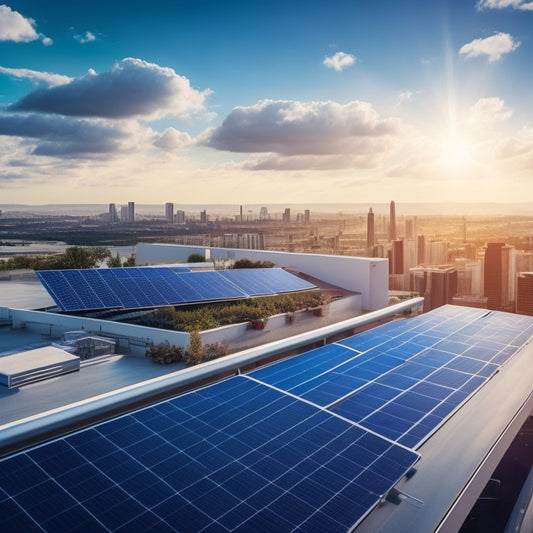 A futuristic, sleek rooftop with multiple solar panels of varying sizes and angles, surrounded by a cityscape with a bright blue sky and a few fluffy white clouds.