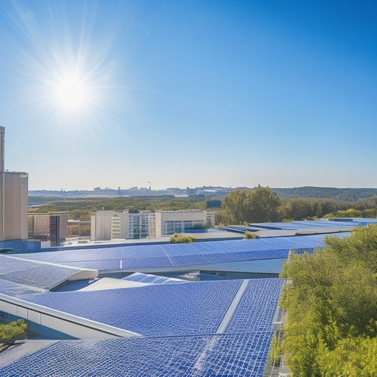 A vibrant rooftop covered in solar panels under a clear blue sky, surrounded by a modern office building, with sunlight reflecting off the panels, showcasing thriving green plants and workers enjoying the eco-friendly environment.