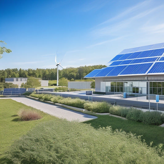 A modern office building featuring solar panels on the roof, wind turbines in the background, and lush greenery surrounding the site, showcasing energy-efficient design and sustainable technology in a bright, sunny environment.