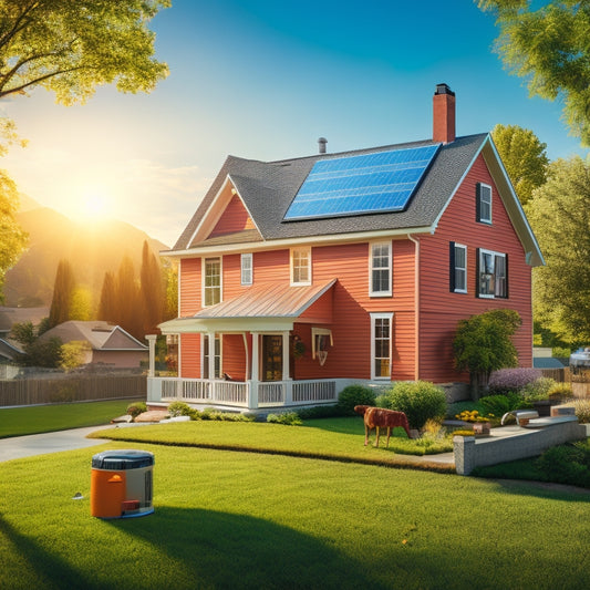 A sunny suburban neighborhood with homes featuring solar panels on their roofs, a hand holding a piggy bank and a stack of coins, a bank building, and an energy-efficient home with dollar signs floating around.