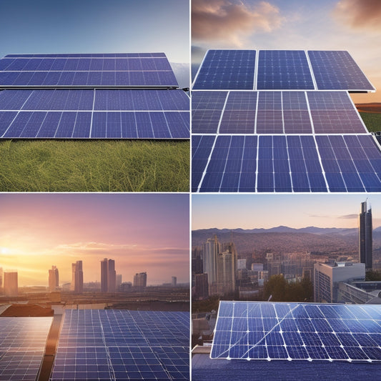 An illustration of various solar panel types, including monocrystalline, polycrystalline, thin-film, and bifacial, arranged on a rooftop with different angles, shapes, and colors, surrounded by a subtle cityscape background.