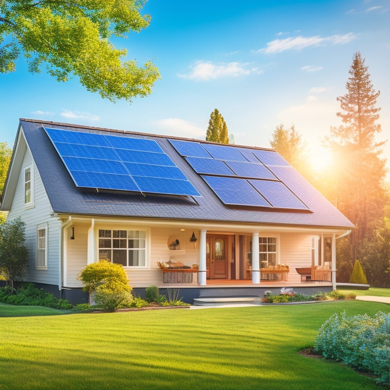 A serene suburban home with solar panels installed on the roof, surrounded by lush greenery and a bright blue sky, with a subtle hint of sunlight reflecting off the panels.