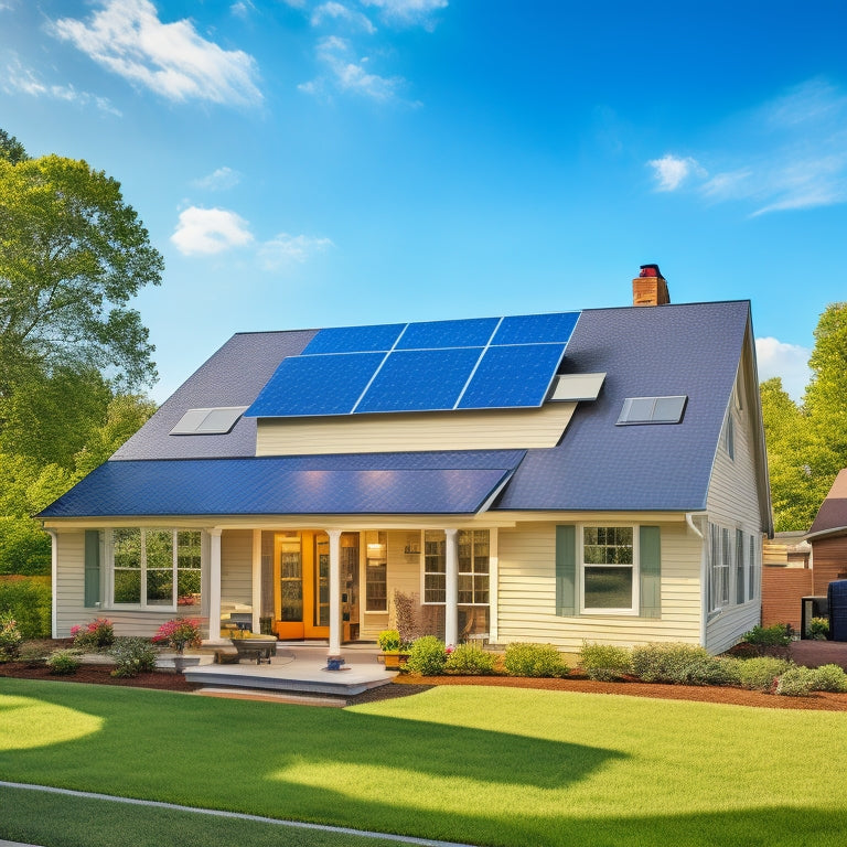 A serene suburban home with a mix of sunny and shaded areas, showcasing a partially installed solar panel system on the roof, with a ladder and toolbox nearby.