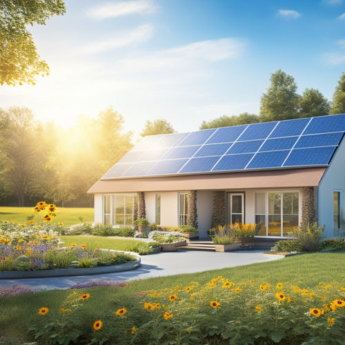 A serene suburban landscape showcasing a modern home with solar panels on the roof, surrounded by vibrant greenery, sunflowers, and a clear blue sky, emphasizing sustainability and environmental harmony.