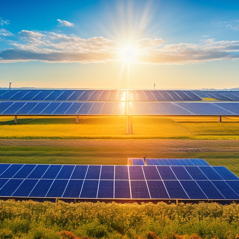 A vibrant solar farm basking in sunlight, rows of gleaming solar panels reflecting blue skies, surrounded by lush green fields and wind turbines in the distance, symbolizing a sustainable future and energy independence.
