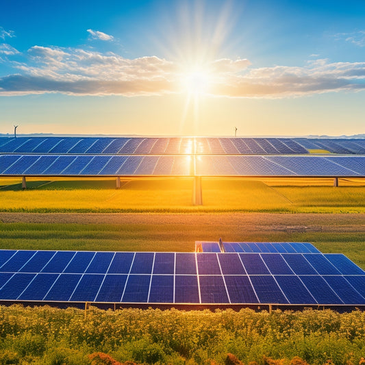 A vibrant solar farm basking in sunlight, rows of gleaming solar panels reflecting blue skies, surrounded by lush green fields and wind turbines in the distance, symbolizing a sustainable future and energy independence.