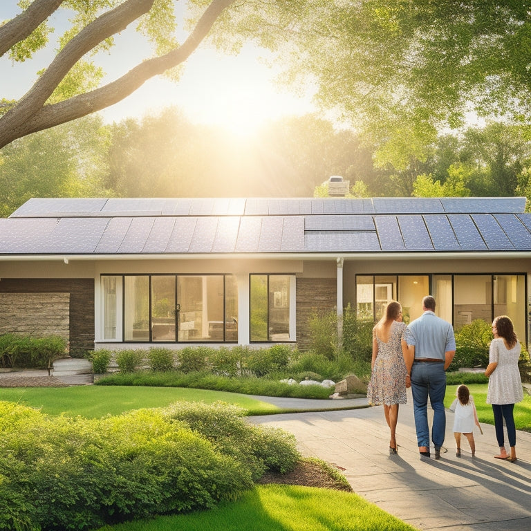 A sunlit suburban home with sleek solar panels on the roof, surrounded by lush greenery. A family happily inspects their energy meter, while bright sunlight casts warm shadows on the driveway.