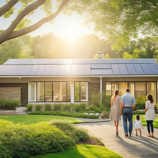 A sunlit suburban home with sleek solar panels on the roof, surrounded by lush greenery. A family happily inspects their energy meter, while bright sunlight casts warm shadows on the driveway.