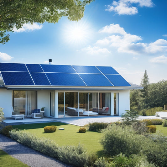 A modern home with solar panels on the roof, surrounded by lush gardens, rainwater collection systems, and large windows showcasing natural light. Wind turbines in the background under a clear blue sky.
