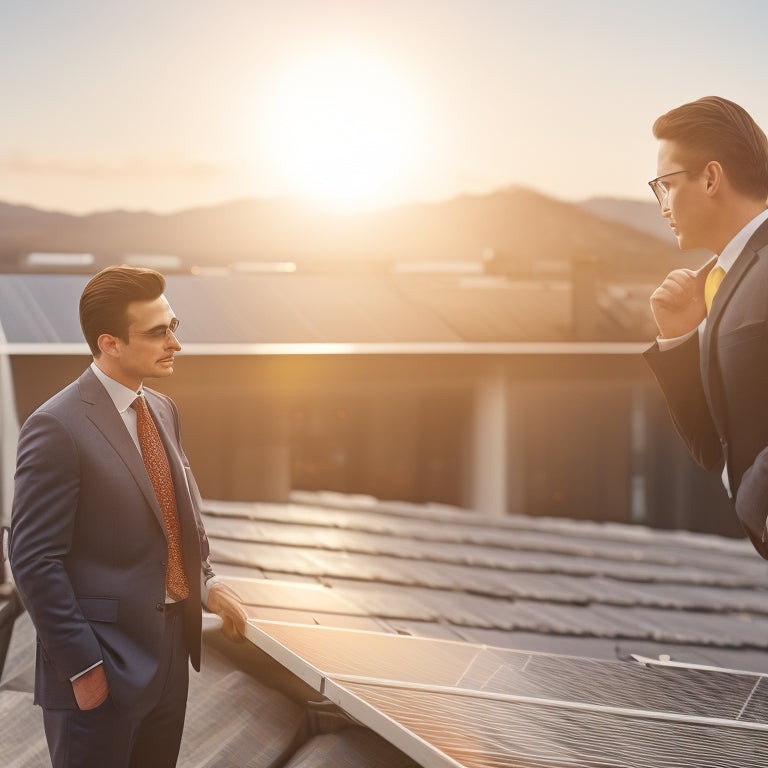 A sunny rooftop with sleek solar panels, a businessperson in a suit discussing with a technician, financial charts and graphs overlaid, and eco-friendly symbols like leaves and the sun in the background.