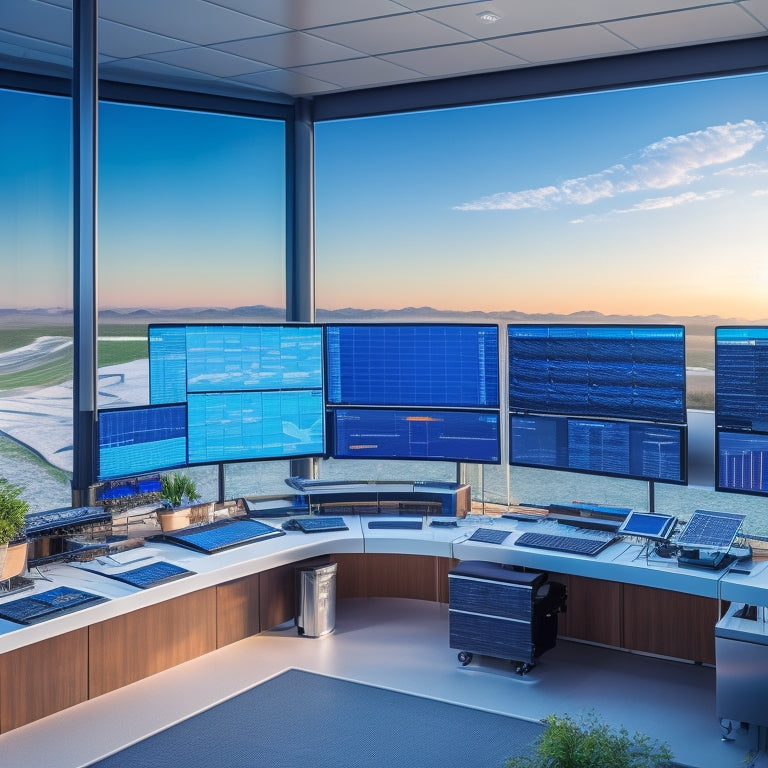 A sleek control room with multiple screens displaying real-time solar panel performance data, vibrant graphs, and a clear sunny sky reflecting off solar panels outside large windows, showcasing high-tech monitoring tools in action.