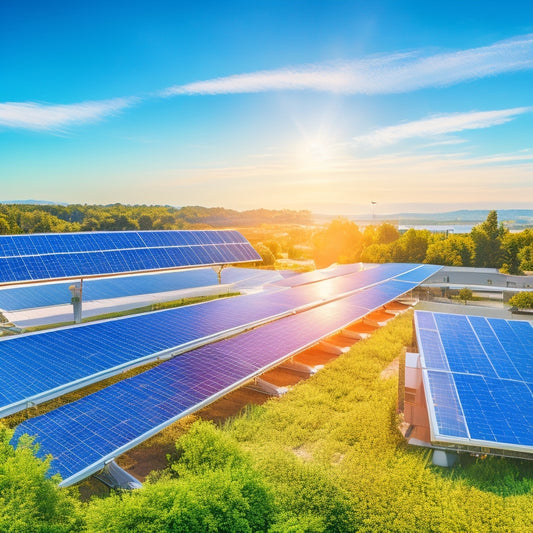 A vibrant rooftop covered in solar panels glistens under a clear blue sky, surrounded by lush greenery, with an eco-friendly building showcasing large windows and wind turbines in the background, symbolizing sustainable business practices.