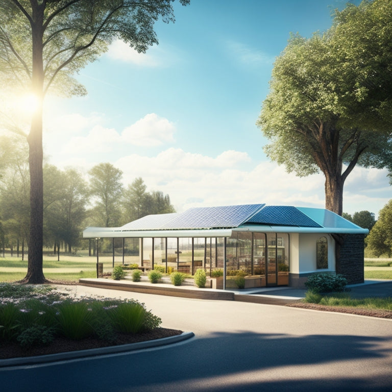 A serene landscape featuring a small business, such as a bakery or cafe, with a roof covered in sleek solar panels, surrounded by lush greenery and a bright blue sky with a few wispy clouds.