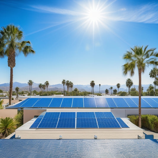 A sunny California rooftop with four different solar panel models installed, each with distinct designs and frames, amidst a backdrop of palm trees and a clear blue sky.