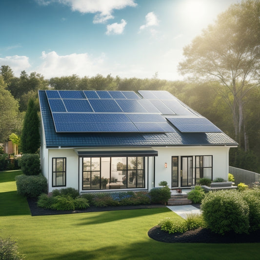 A serene suburban home with a sleek, black solar panel array installed on the rooftop, surrounded by lush greenery, with a few fluffy white clouds drifting across a bright blue sky.