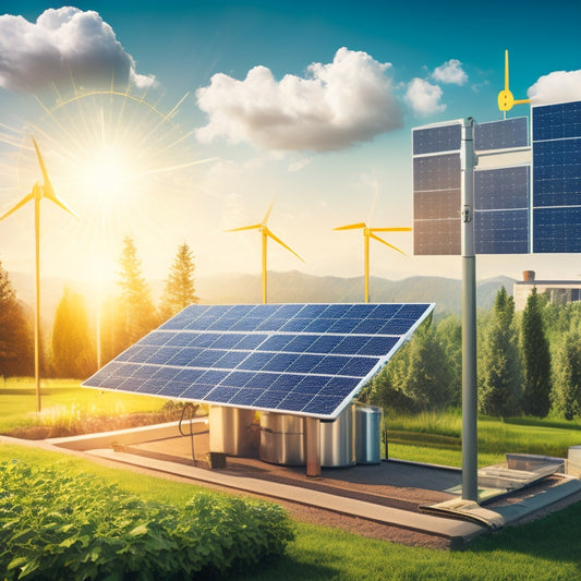 An illustration of a solar panel with arrows and lines radiating from it, surrounded by icons of clouds, trees, buildings, and a thermometer, to represent efficiency-affecting factors.