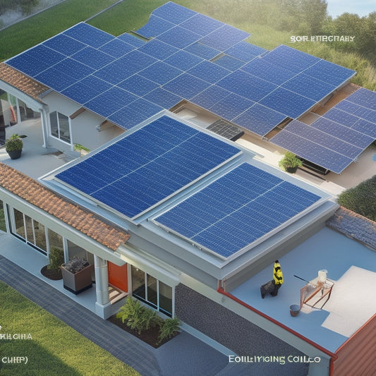 An illustration of a solar panel installation on a roof, surrounded by icons representing location, roof size, panel quality, installation company, and government incentives, with connecting lines and arrows to convey influence.
