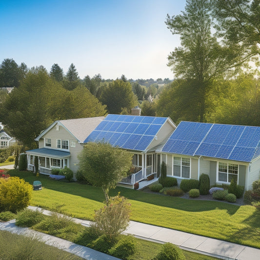 A serene suburban neighborhood with several houses, each featuring a unique solar panel installation: some on rooftops, others as facades or in backyard gardens, surrounded by lush greenery and a bright blue sky.