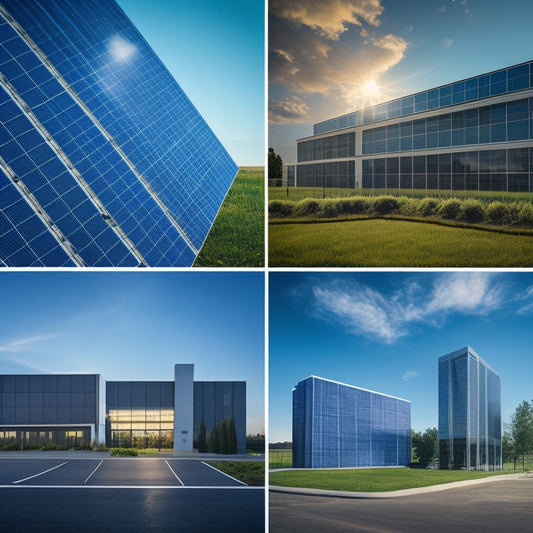 A diverse array of commercial buildings with solar panels, each with different designs and configurations, under varying weather conditions, some sunny, some cloudy, illustrating the factors influencing loan rates.