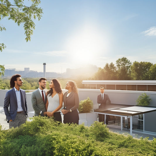 A bright, sunlit commercial rooftop adorned with sleek solar panels, surrounded by greenery. In the foreground, a diverse group of business owners discusses energy savings, while a vibrant sun shines overhead, symbolizing renewable energy.
